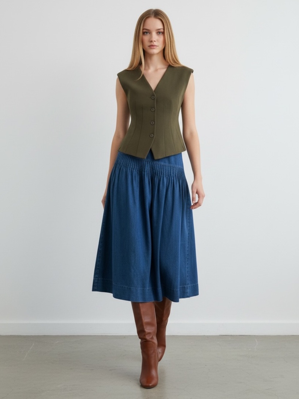 1573 • Cotton Lyocell Indigo Asymmetric Pin-Tuck Denim A Line Midi Skirt